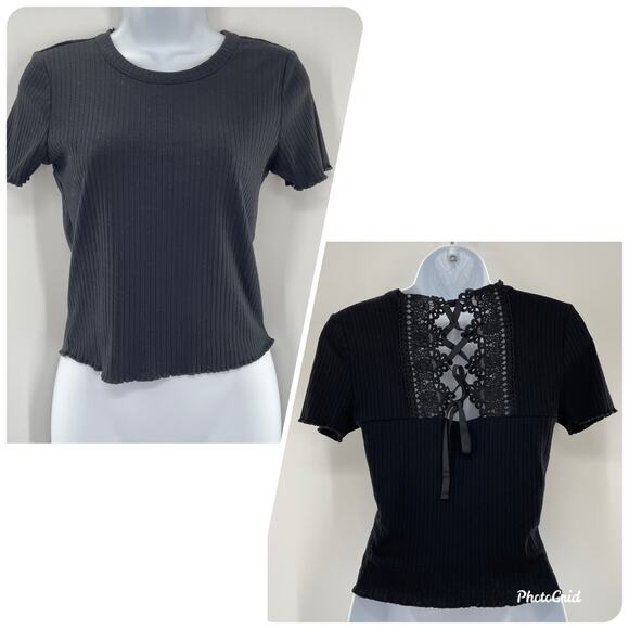 American Rag Black Lace Up Back Short Sleeves RIb Knit Top XS - Picture 1 of 7